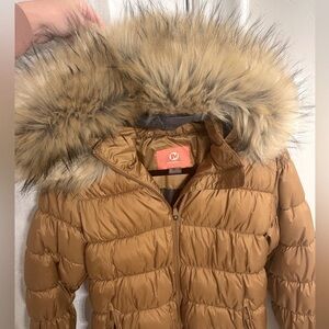 Merrell Brown Puffer Jacket with Faux Fur Hood